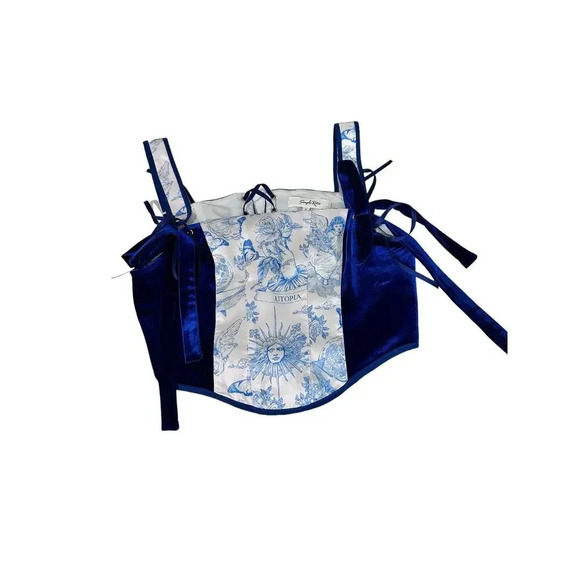 Simple Retro Navy Blue Floral Side Velvet Bustier Corset Top Size S - Picture 6 of 8